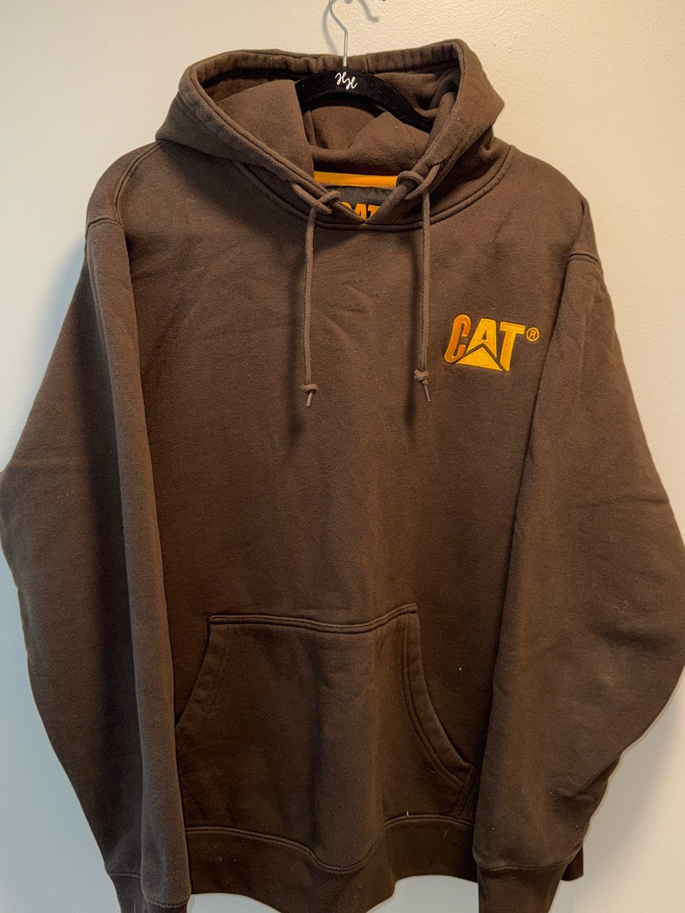 Caterpillar Brown Crewneck Hoodie with Yellow CAT Logo